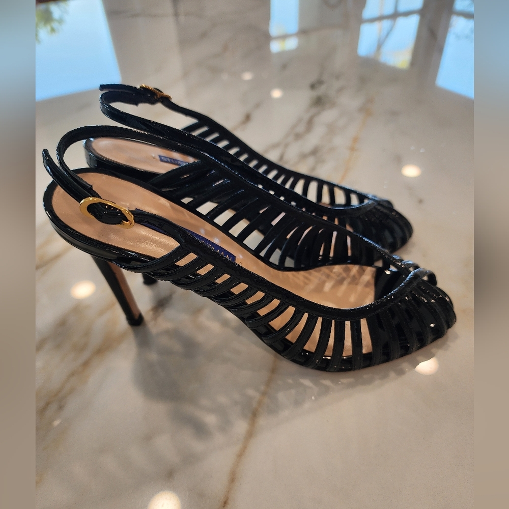 Stuart Weitzman Olive Cage Black Patent Leather Sli Elegant Black Heels Genuine